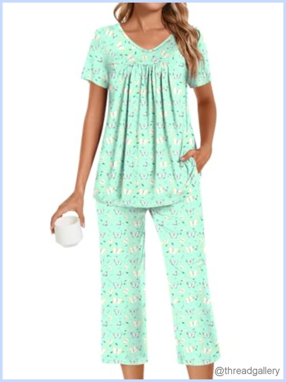 Women's 2 Piece Pajama Set V-Neck Pleated Soft Rayon Sleepwear